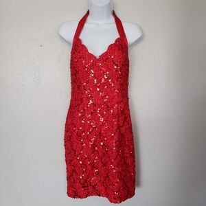 Bari-Jay Vintage Women's Red Sequin Halter Top Mini Dress Scallop Formal Fancy